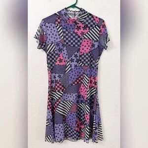 Dolls Kill Sugar Thrillz - Patchwork Print Short Sleeve Fit & Flare Dress - XL